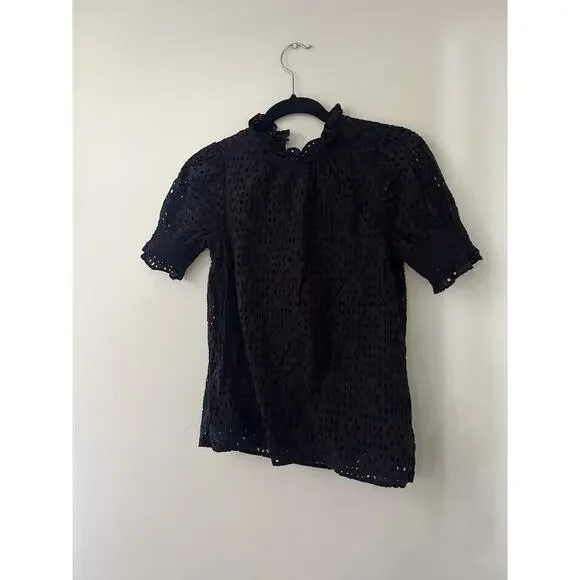 J.CREW Black Eyelet Smocked Short Sleeve Blouse Top Size xxs Ruffle 100% Cotton - Picture 5 of 7